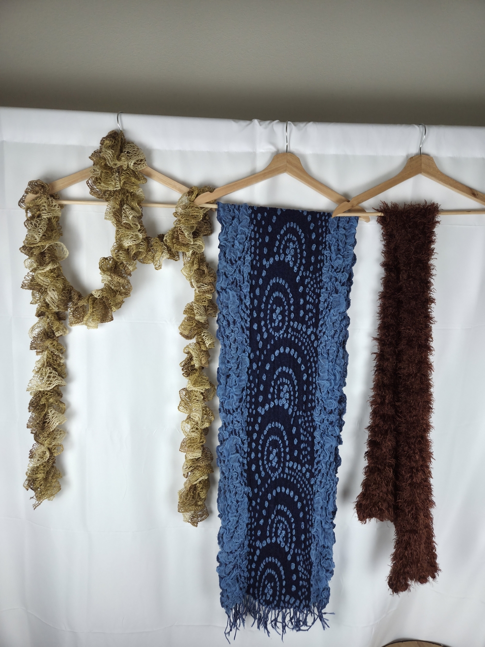 Set of Three Fashion Scarves - Gold, Navy Blue, Brown
